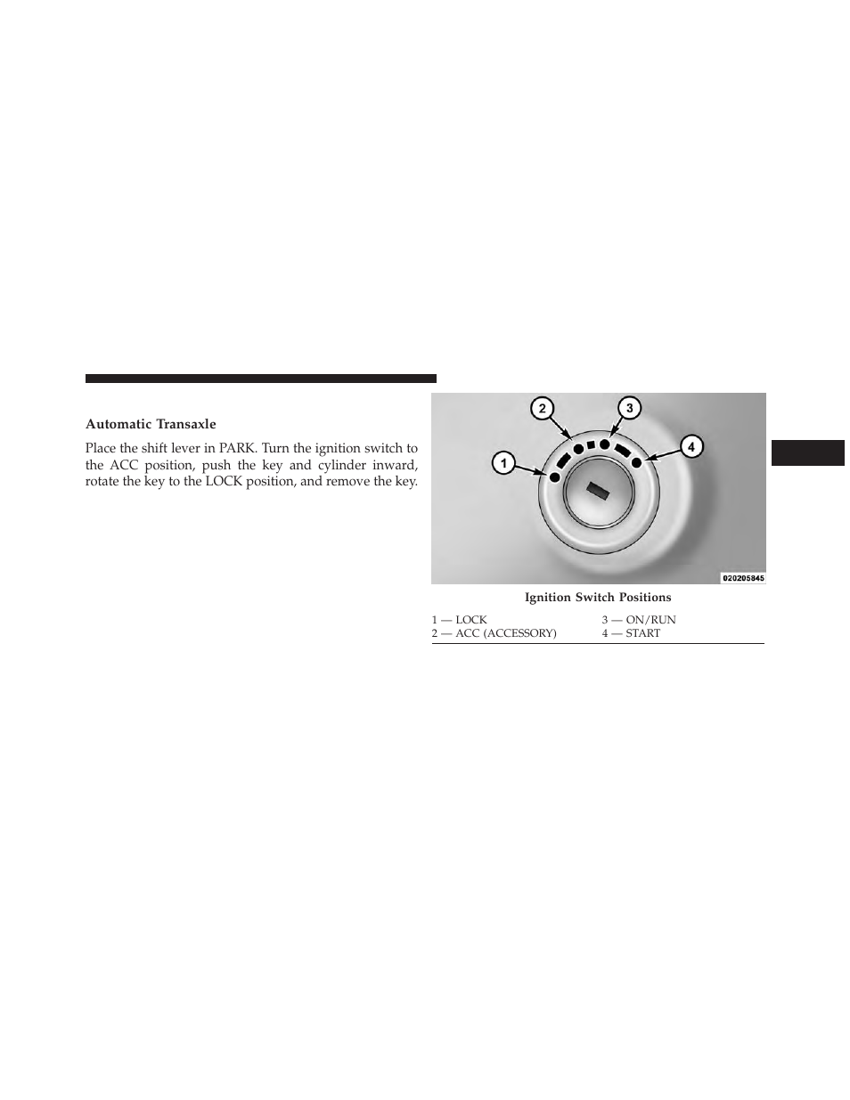 Ignition key removal, Automatic transaxle | Dodge 2013 Avenger - Owner Manual User Manual | Page 15 / 519