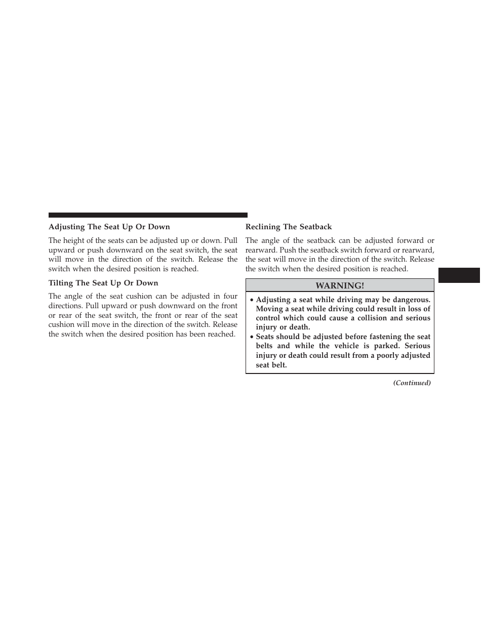 Adjusting the seat up or down, Tilting the seat up or down, Reclining the seatback | Dodge 2013 Avenger - Owner Manual User Manual | Page 153 / 519