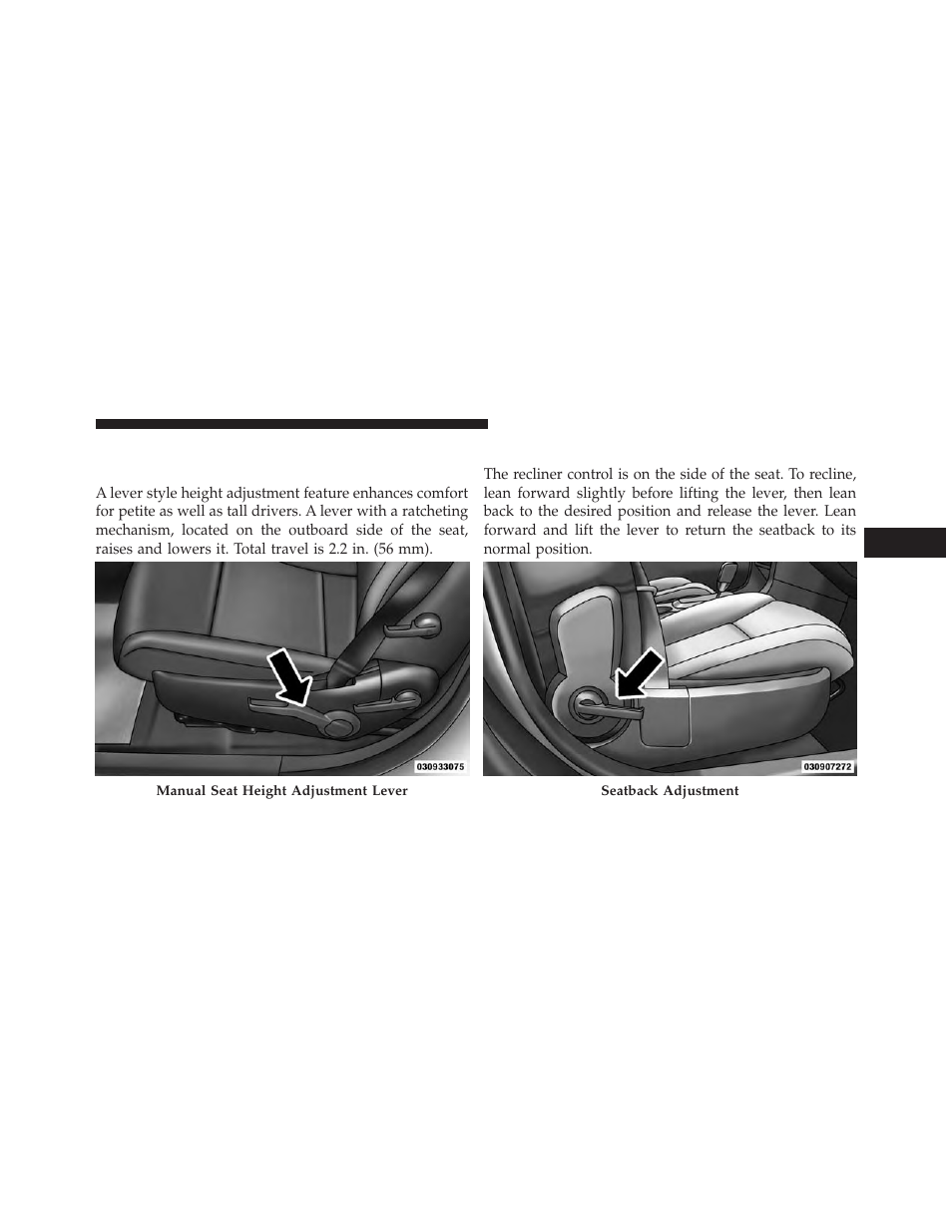 Driver seat manual height adjuster — if equipped, Reclining seats, Driver seat manual height adjuster | If equipped | Dodge 2013 Avenger - Owner Manual User Manual | Page 157 / 519