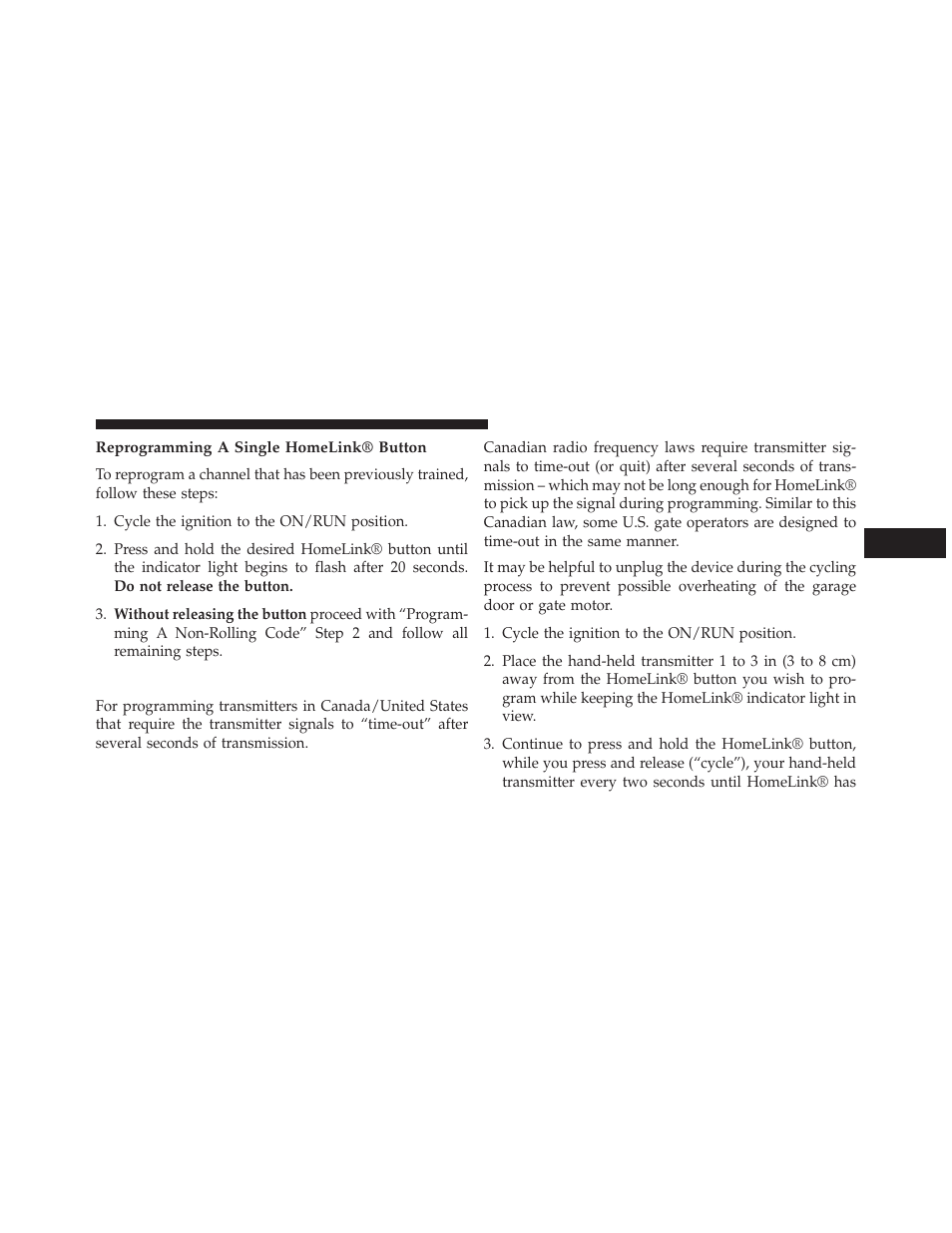 Reprogramming a single homelink® button, Canadian/gate operator programming | Dodge 2013 Avenger - Owner Manual User Manual | Page 189 / 519