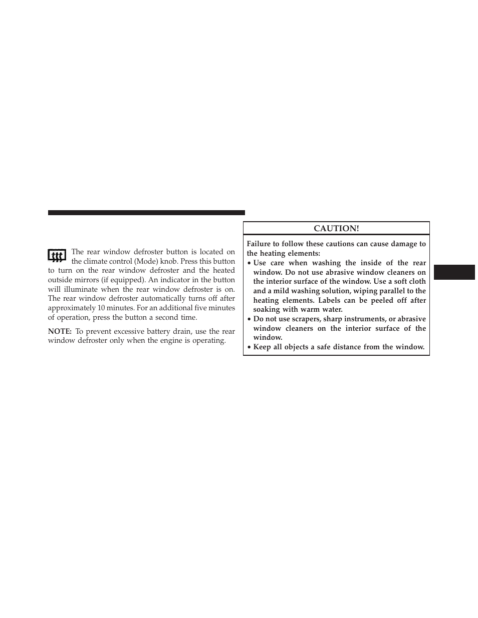 Rear window features, Rear window defroster | Dodge 2013 Avenger - Owner Manual User Manual | Page 207 / 519