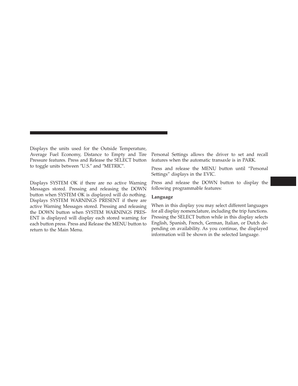 Evic units selection (units in display), System status, Personal settings (customer-programmable features) | Language, Personal settings (customer-programmable, Features) | Dodge 2013 Avenger - Owner Manual User Manual | Page 241 / 519