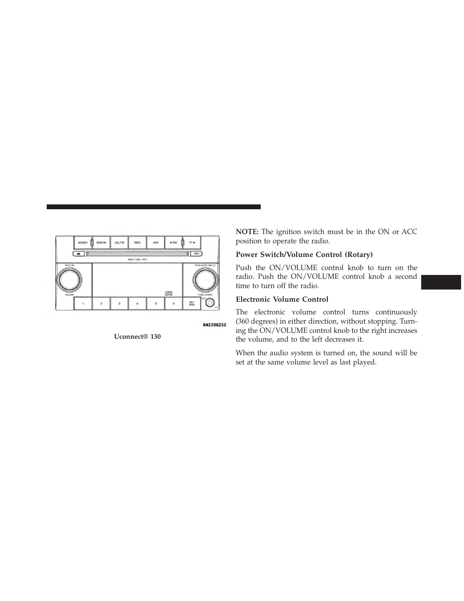 Uconnect® 130, Operating instructions — radio mode, Power switch/volume control (rotary) | Electronic volume control | Dodge 2013 Avenger - Owner Manual User Manual | Page 245 / 519