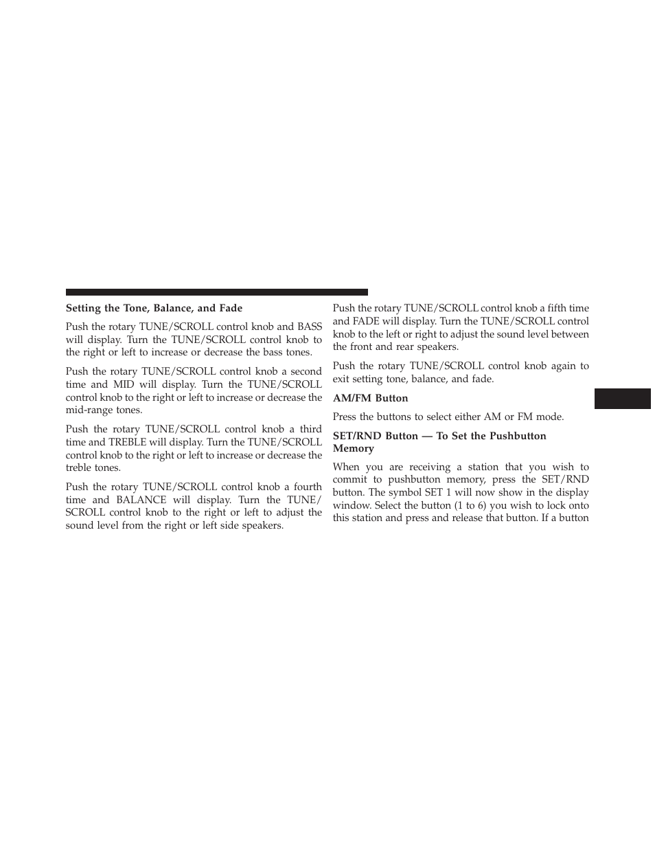 Setting the tone, balance, and fade, Am/fm button, Set/rnd button — to set the pushbutton memory | Dodge 2013 Avenger - Owner Manual User Manual | Page 247 / 519