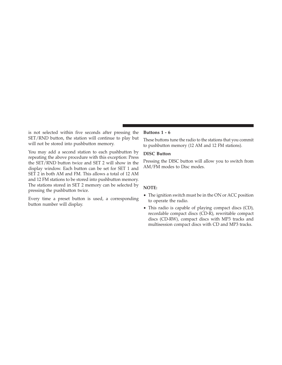 Buttons 1 - 6, Disc button, Operation instructions — cd mode for | Cd and mp3 audio play | Dodge 2013 Avenger - Owner Manual User Manual | Page 248 / 519