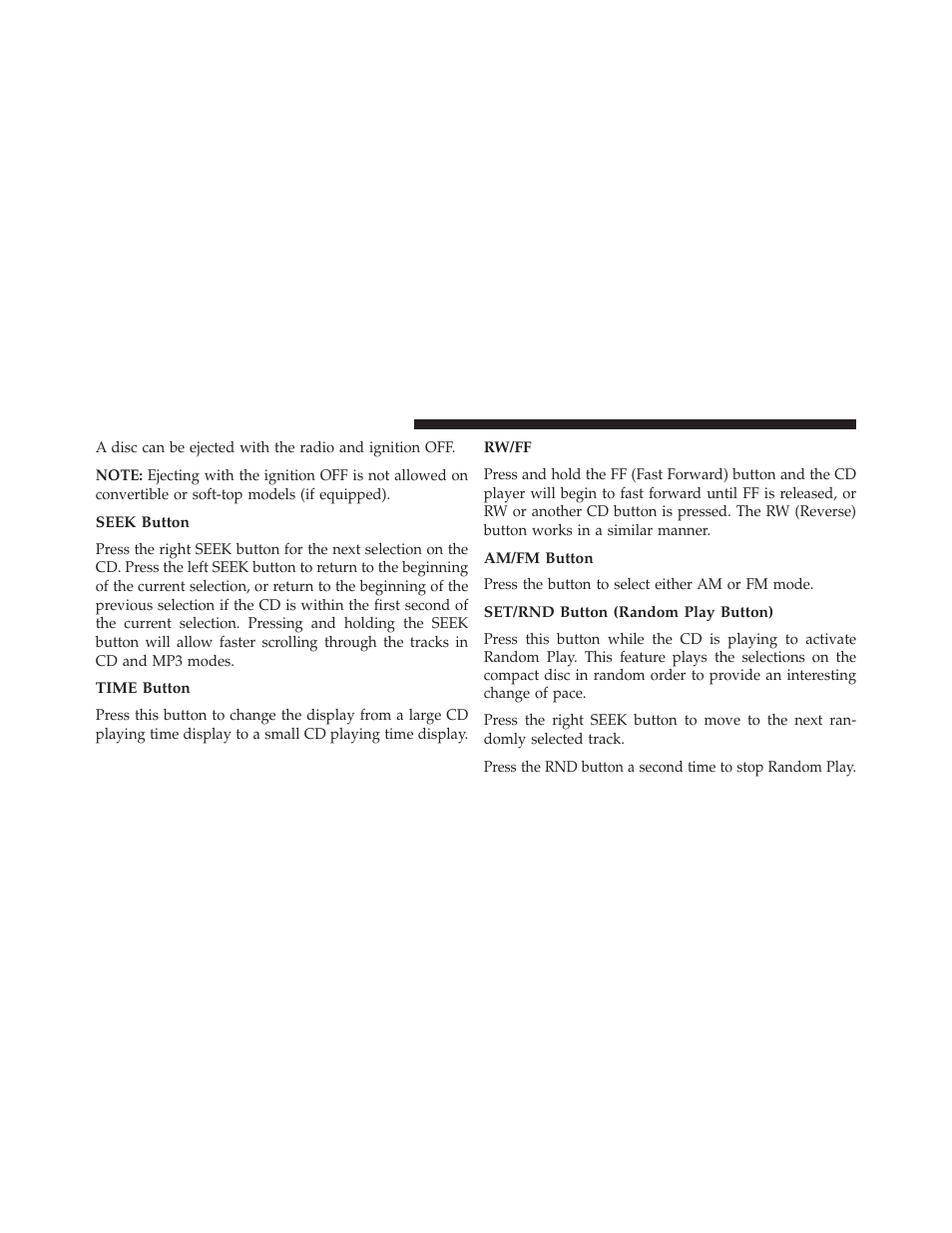 Seek button, Time button, Rw/ff | Am/fm button, Set/rnd button (random play button) | Dodge 2013 Avenger - Owner Manual User Manual | Page 250 / 519