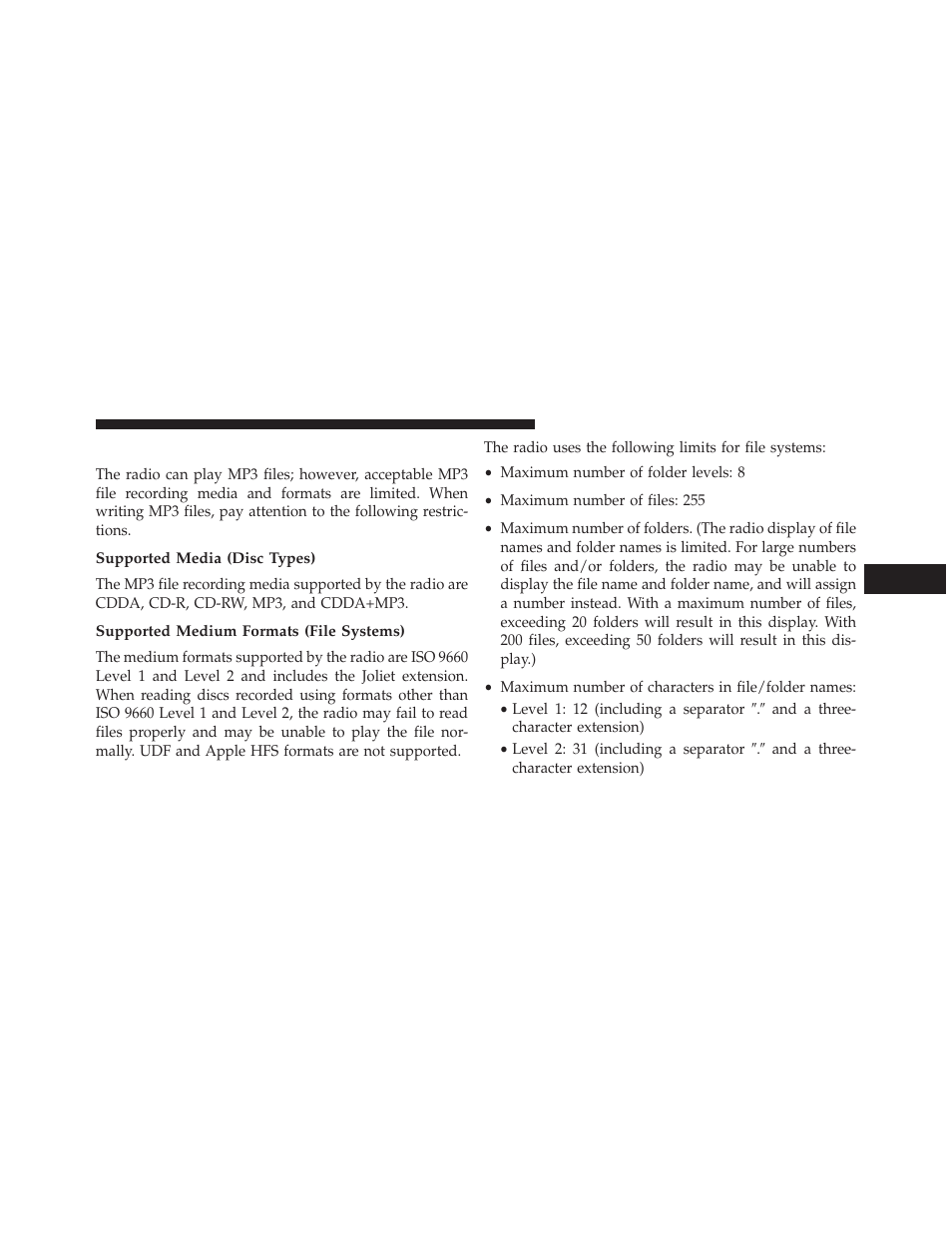 Notes on playing mp3 files, Supported media (disc types), Supported medium formats (file systems) | Dodge 2013 Avenger - Owner Manual User Manual | Page 251 / 519