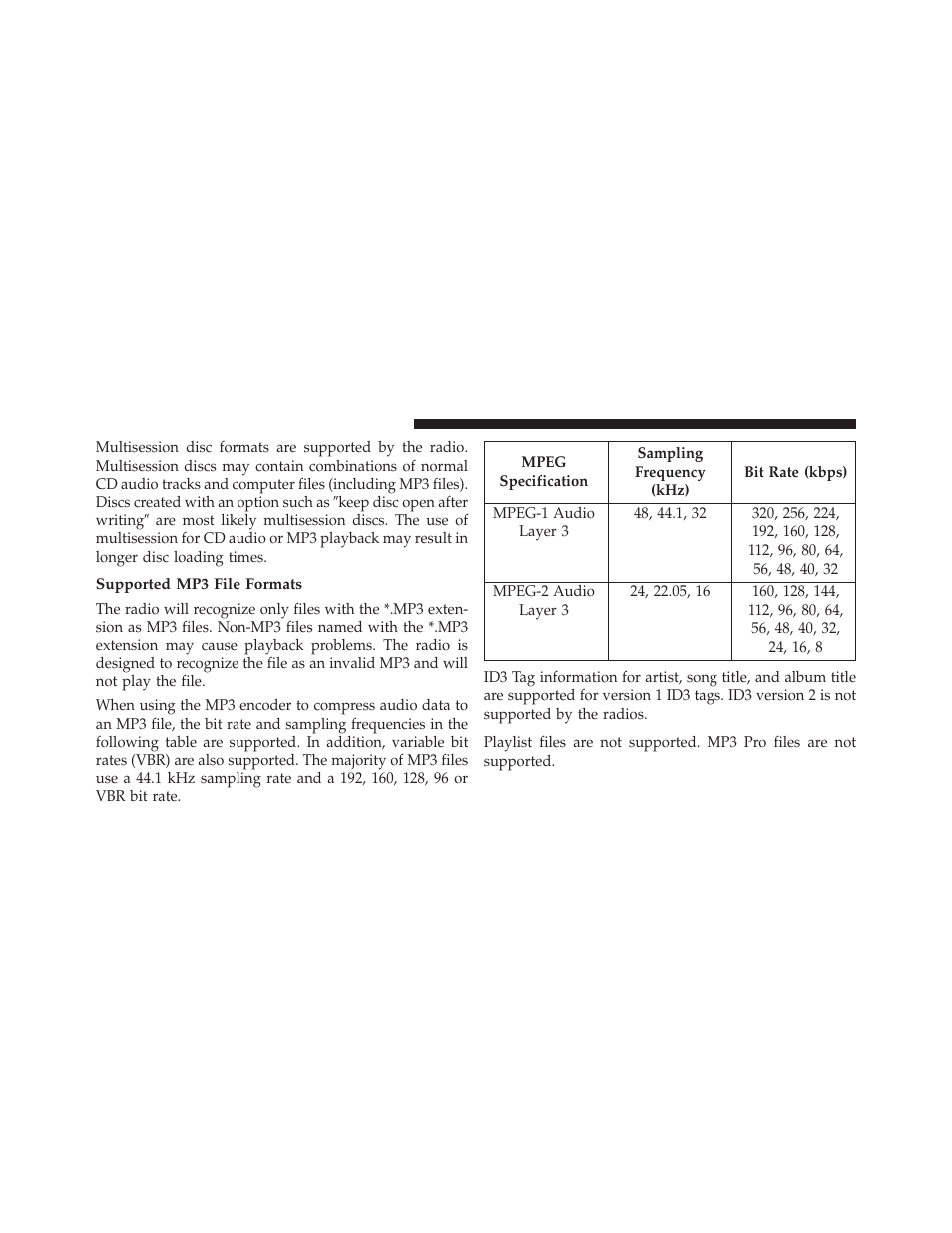 Supported mp3 file formats | Dodge 2013 Avenger - Owner Manual User Manual | Page 252 / 519