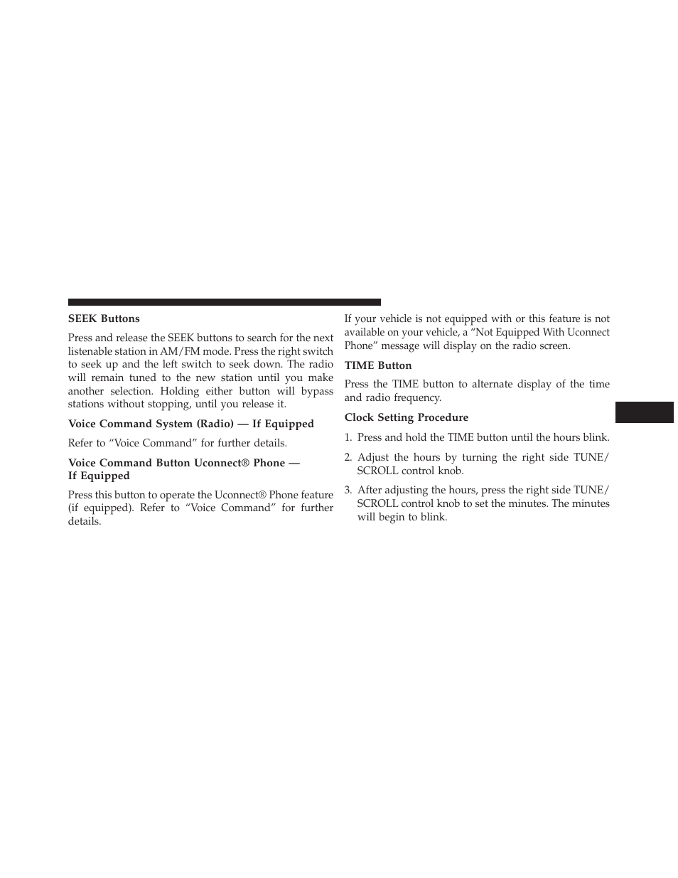 Seek buttons, Voice command system (radio) — if equipped, Voice command button uconnect® phone — if equipped | Time button, Clock setting procedure | Dodge 2013 Avenger - Owner Manual User Manual | Page 255 / 519