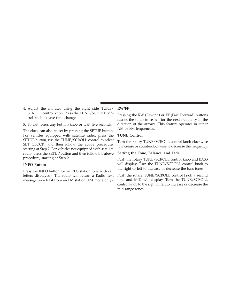 Info button, Rw/ff, Tune control | Setting the tone, balance, and fade | Dodge 2013 Avenger - Owner Manual User Manual | Page 256 / 519