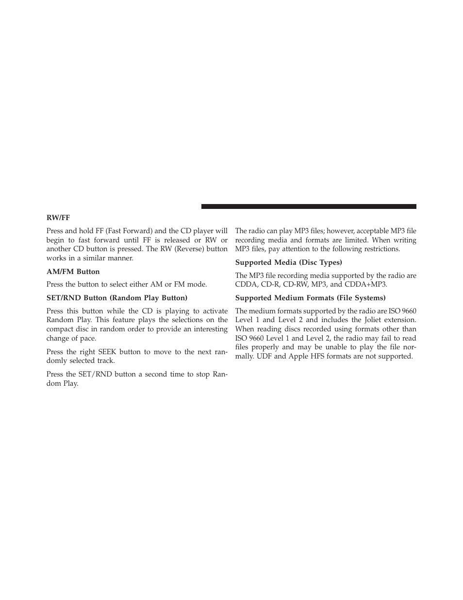 Rw/ff, Am/fm button, Set/rnd button (random play button) | Notes on playing mp3 files, Supported media (disc types), Supported medium formats (file systems) | Dodge 2013 Avenger - Owner Manual User Manual | Page 262 / 519