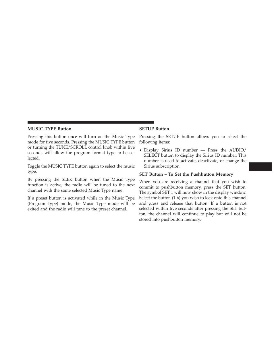 Music type button, Setup button, Set button – to set the pushbutton memory | Dodge 2013 Avenger - Owner Manual User Manual | Page 269 / 519