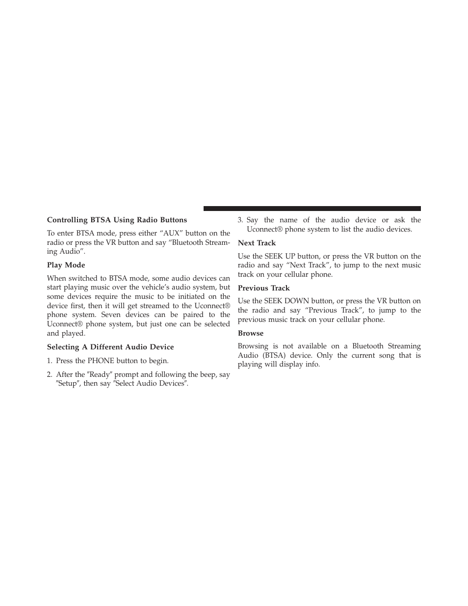 Controlling btsa using radio buttons, Play mode, Selecting a different audio device | Next track, Previous track, Browse | Dodge 2013 Avenger - Owner Manual User Manual | Page 276 / 519