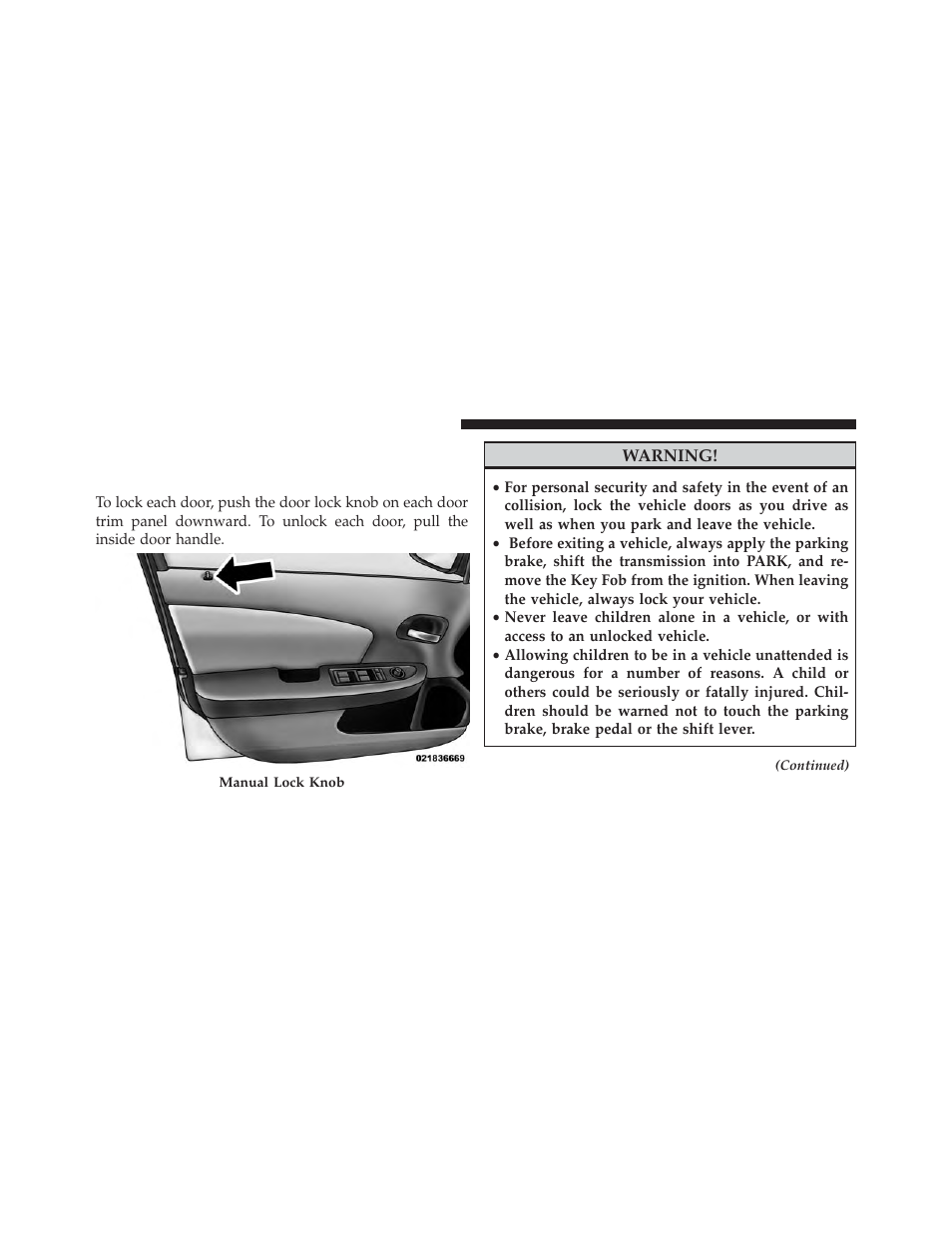 Door locks, Manual door locks | Dodge 2013 Avenger - Owner Manual User Manual | Page 34 / 519