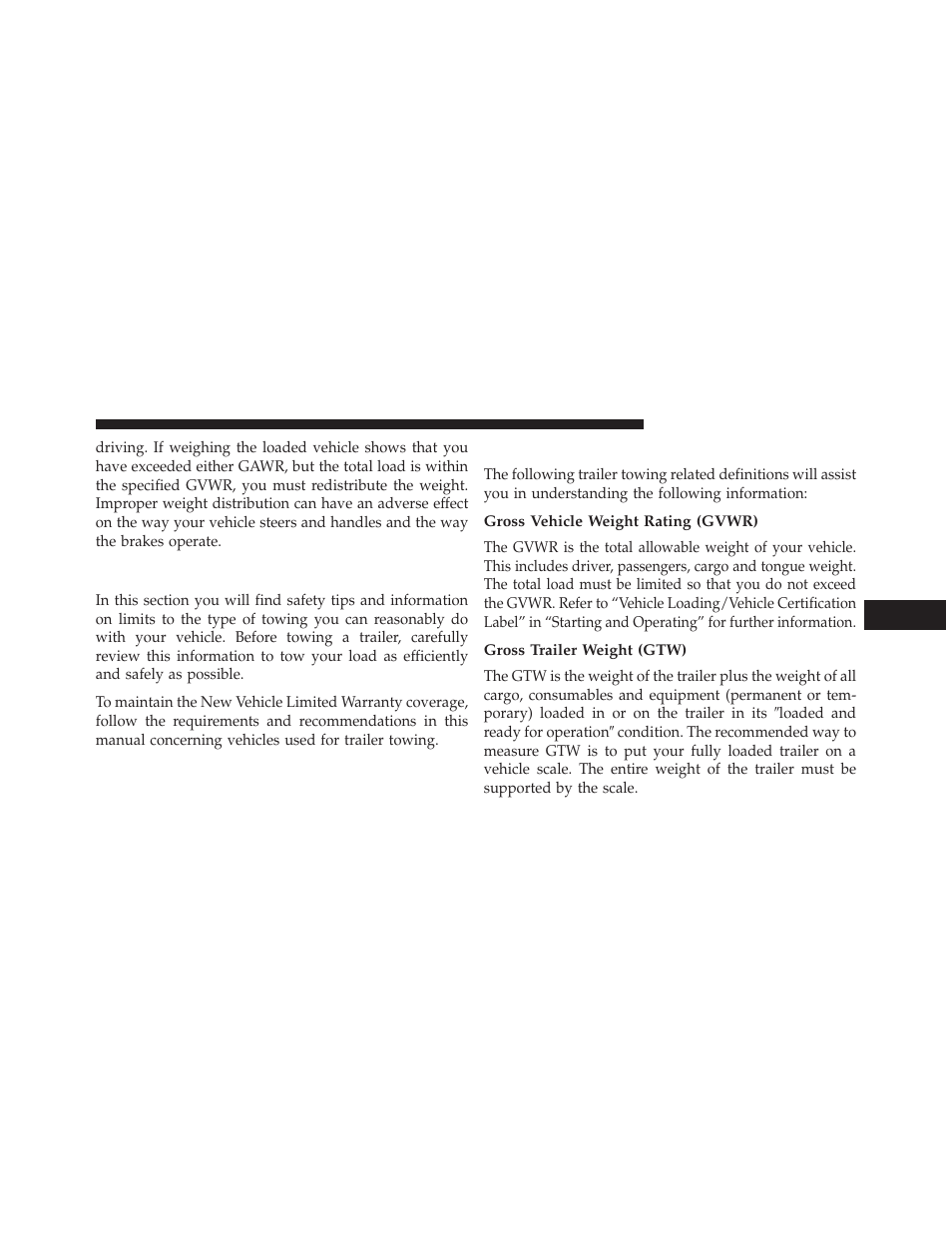 Trailer towing, Common towing definitions, Gross vehicle weight rating (gvwr) | Gross trailer weight (gtw) | Dodge 2013 Avenger - Owner Manual User Manual | Page 385 / 519