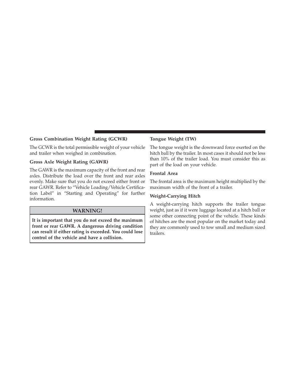 Gross combination weight rating (gcwr), Gross axle weight rating (gawr), Tongue weight (tw) | Frontal area, Weight-carrying hitch | Dodge 2013 Avenger - Owner Manual User Manual | Page 386 / 519