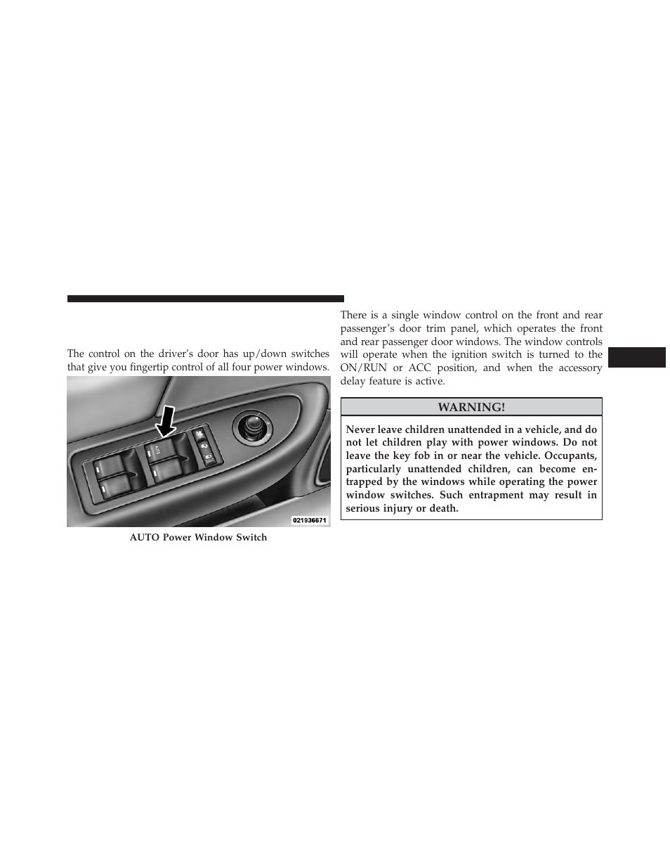 Power windows, Power window switches | Dodge 2013 Avenger - Owner Manual User Manual | Page 39 / 519