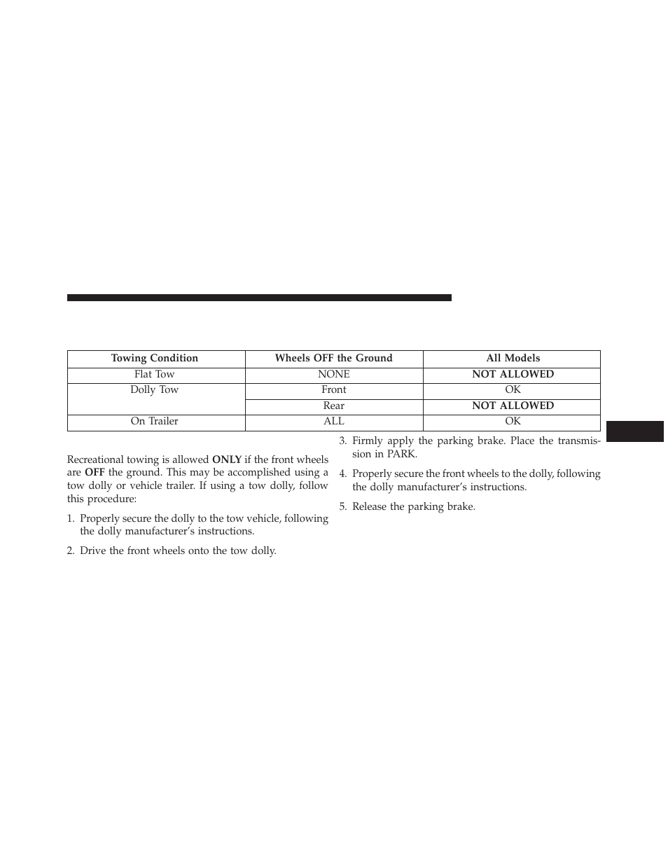 Recreational towing (behind motorhome, etc.), Towing this vehicle behind another vehicle, Recreational towing – all models | Recreational towing, Behind motorhome, etc.) | Dodge 2013 Avenger - Owner Manual User Manual | Page 397 / 519