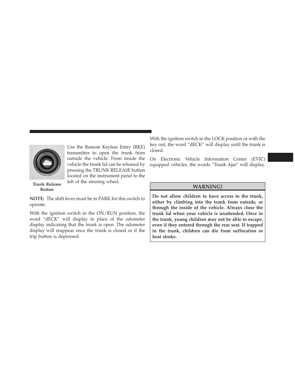 Trunk release, Trunk safety warning | Dodge 2013 Avenger - Owner Manual User Manual | Page 43 / 519