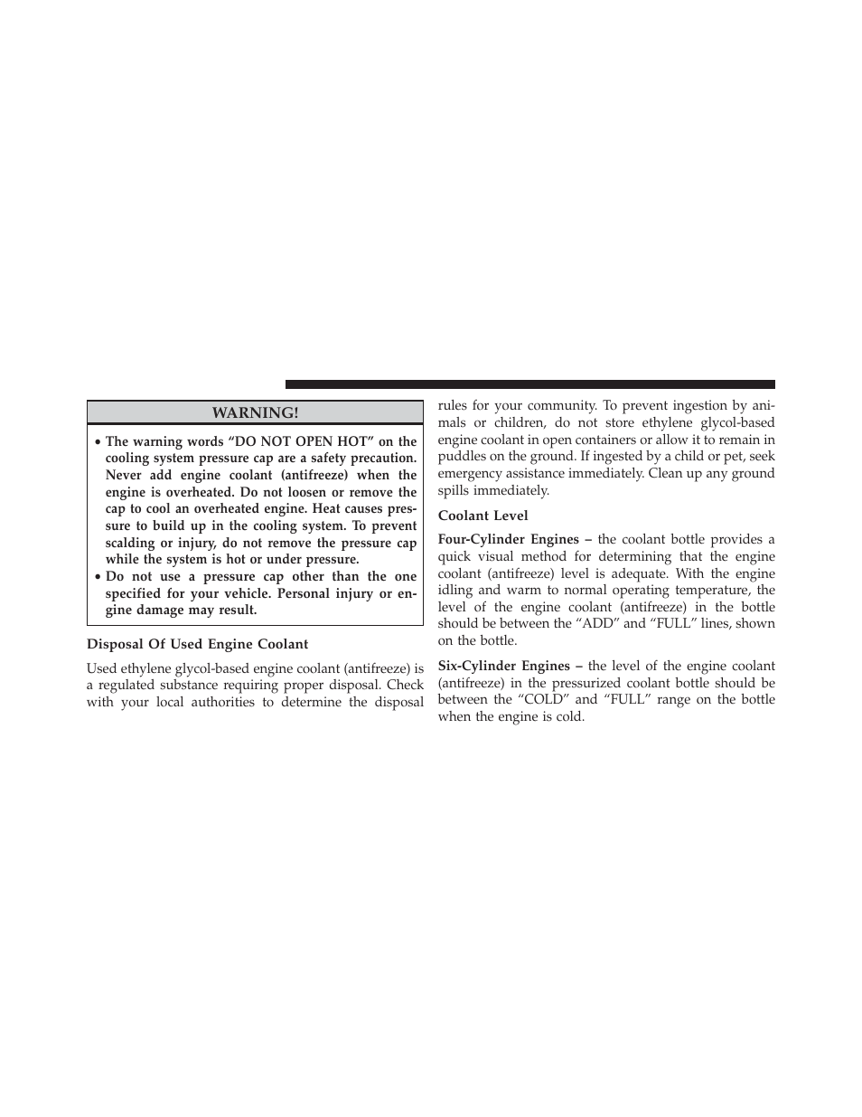 Disposal of used engine coolant, Coolant level | Dodge 2013 Avenger - Owner Manual User Manual | Page 450 / 519