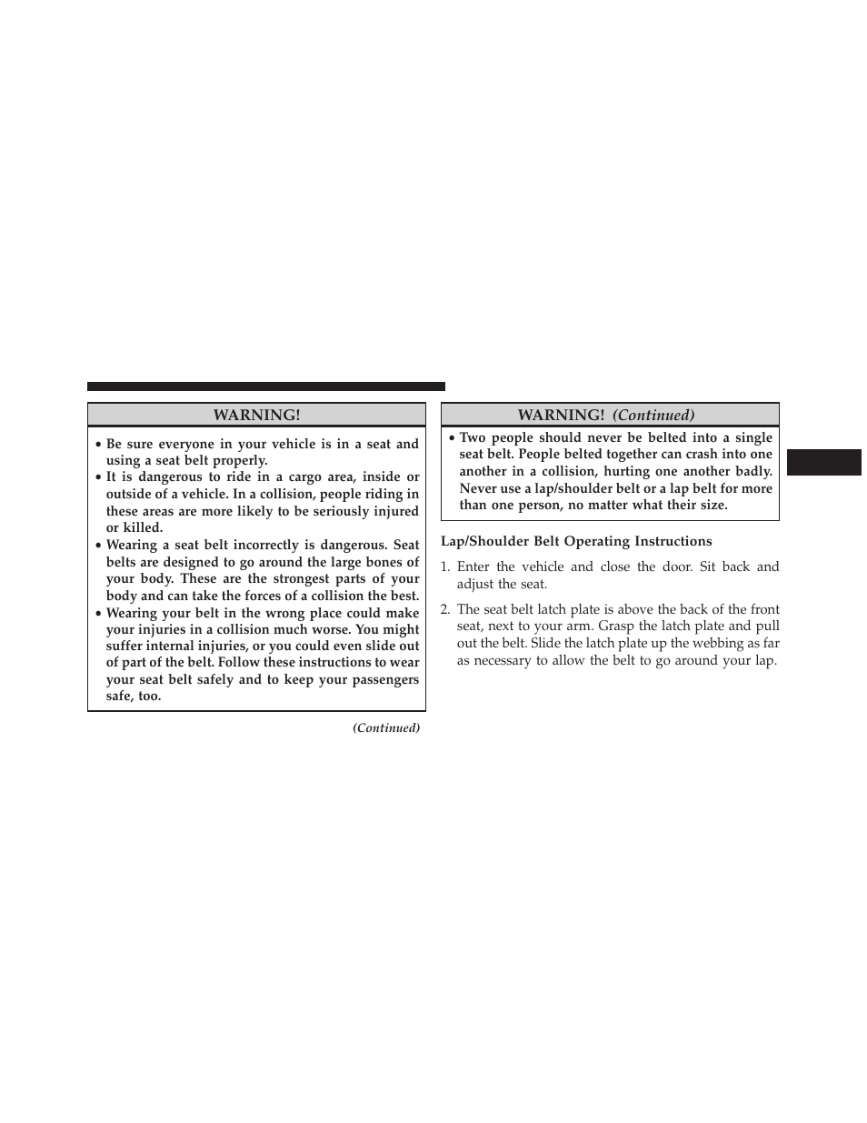 Lap/shoulder belt operating instructions | Dodge 2013 Avenger - Owner Manual User Manual | Page 49 / 519