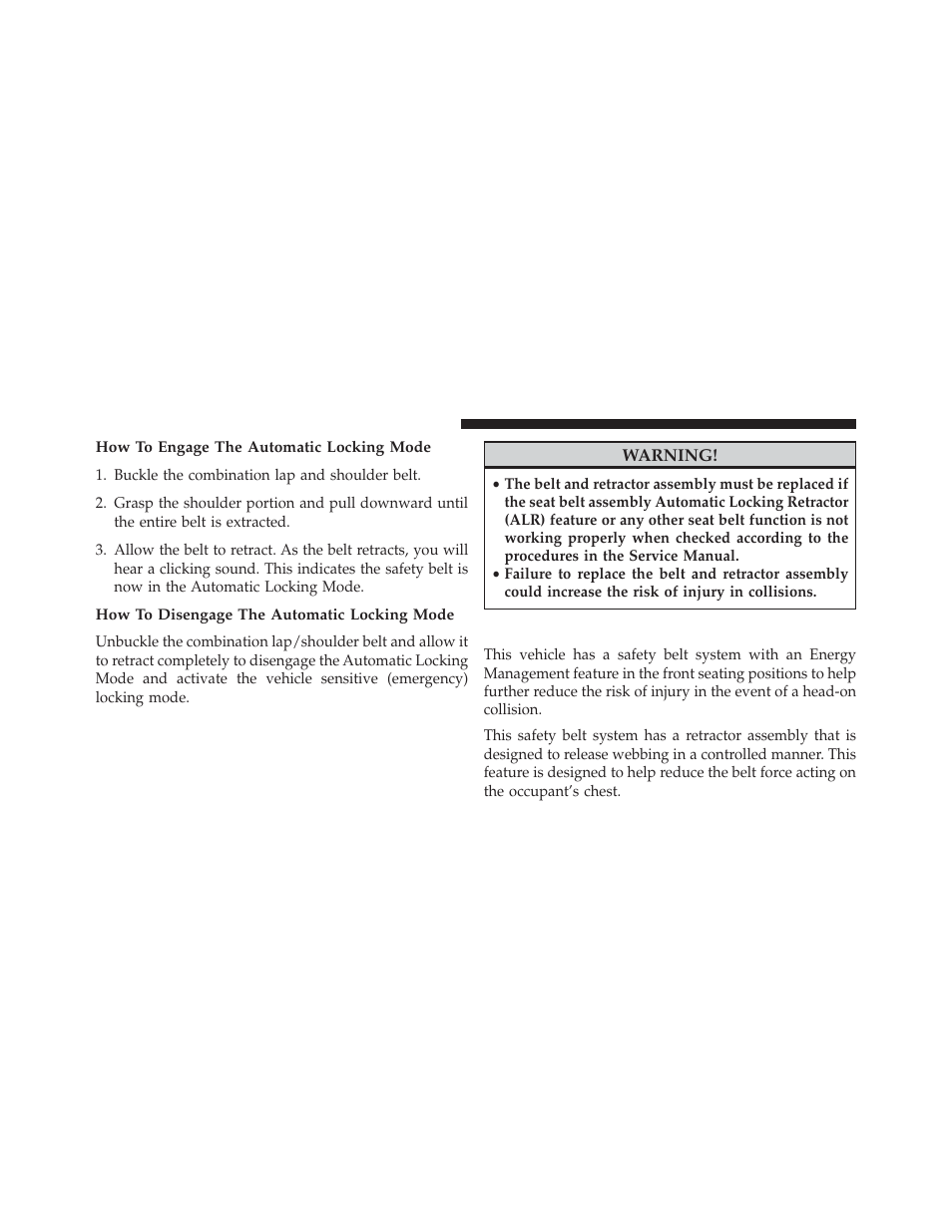 How to engage the automatic locking mode, How to disengage the automatic locking mode, Energy management feature | Dodge 2013 Avenger - Owner Manual User Manual | Page 56 / 519