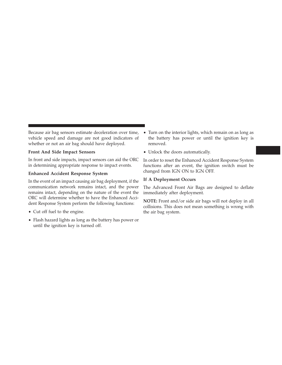 Front and side impact sensors, Enhanced accident response system, If a deployment occurs | Dodge 2013 Avenger - Owner Manual User Manual | Page 73 / 519