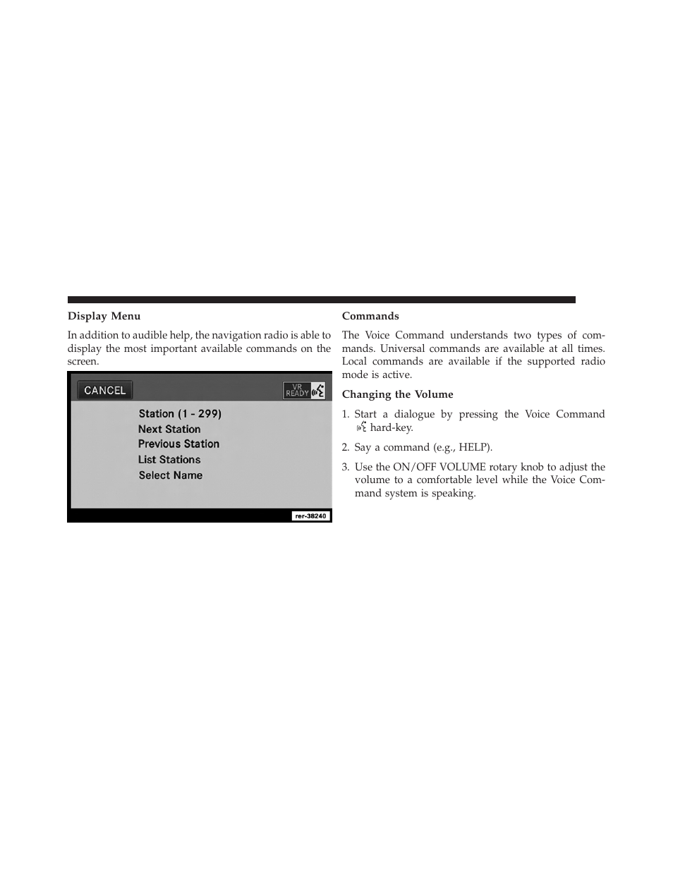Display menu, Commands, Changing the volume | Ram Trucks UCONNECT 730N for Jeep User Manual | Page 127 / 220