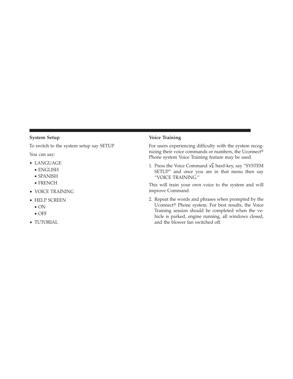 System setup, Voice training | Ram Trucks UCONNECT 730N for Jeep User Manual | Page 135 / 220