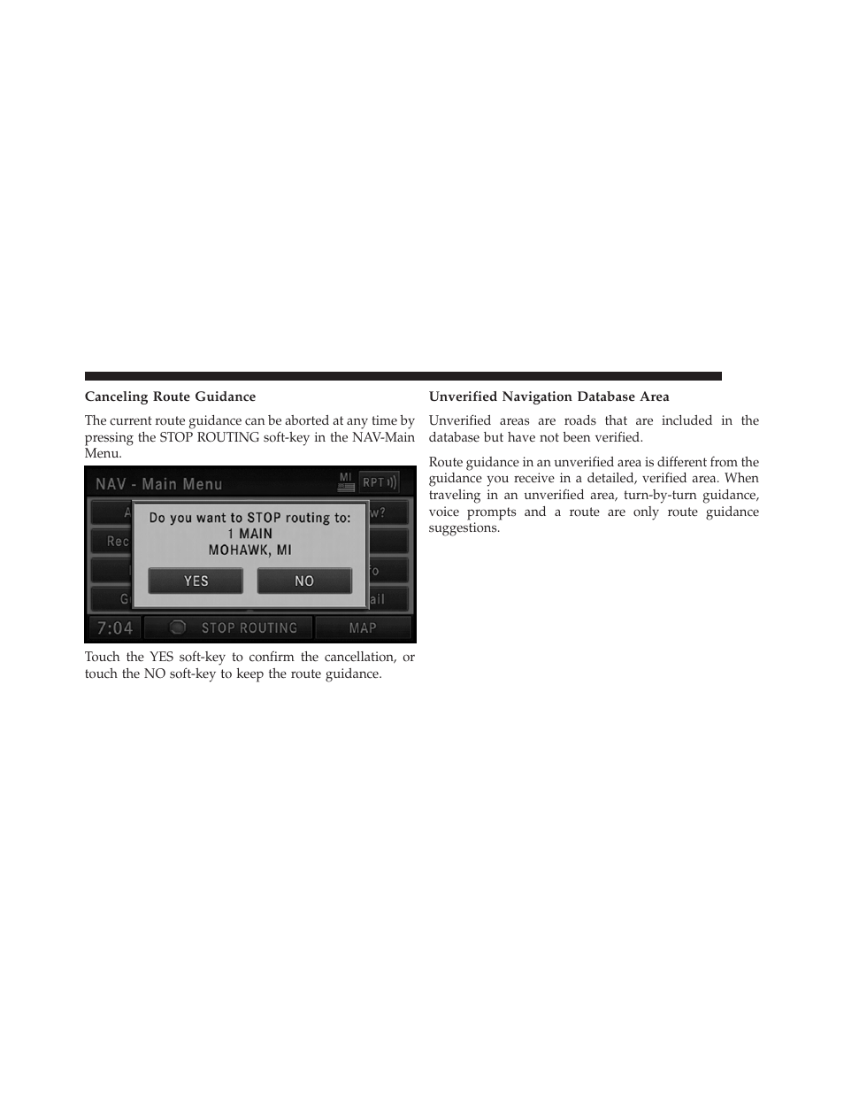 Canceling route guidance, Unverified navigation database area | Ram Trucks UCONNECT 730N for Jeep User Manual | Page 181 / 220