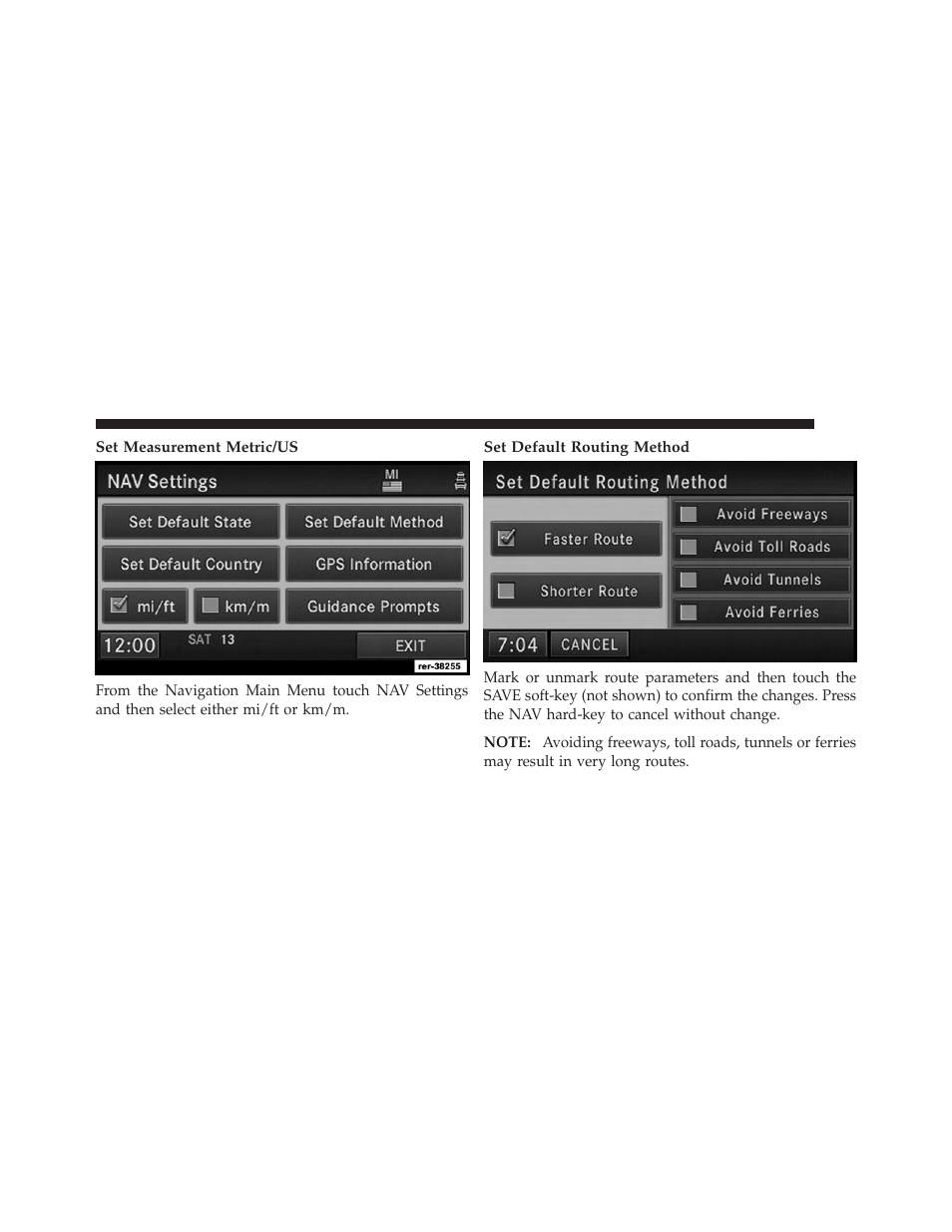 Set measurement metric/us, Set default routing method | Ram Trucks UCONNECT 730N for Jeep User Manual | Page 191 / 220