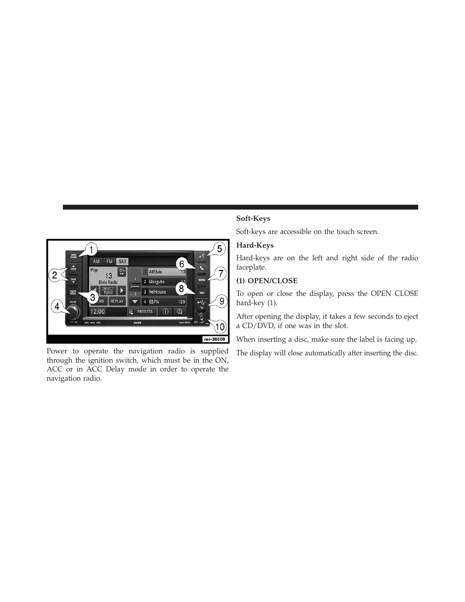 General handling, User interface elements, Soft-keys | Hard-keys, 1) open/close | Ram Trucks UCONNECT 730N for Jeep User Manual | Page 22 / 220