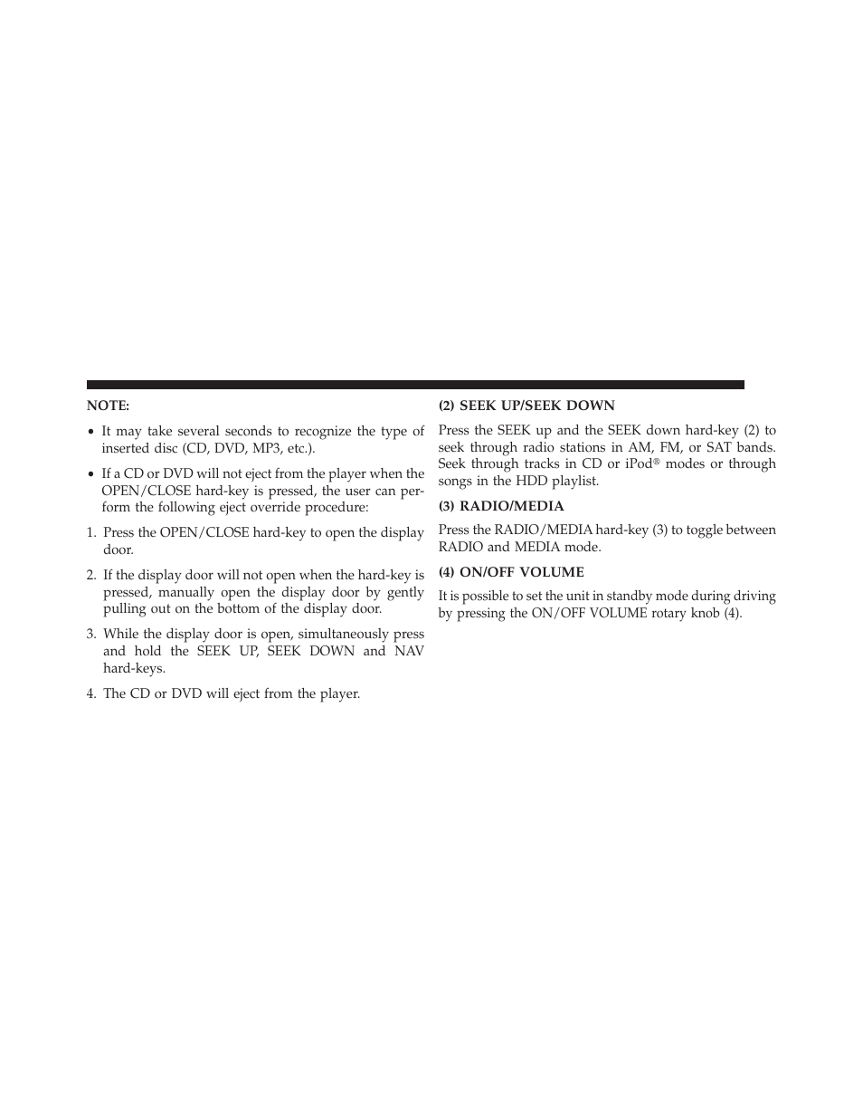 2) seek up/seek down, 3) radio/media, 4) on/off volume | Ram Trucks UCONNECT 730N for Jeep User Manual | Page 23 / 220