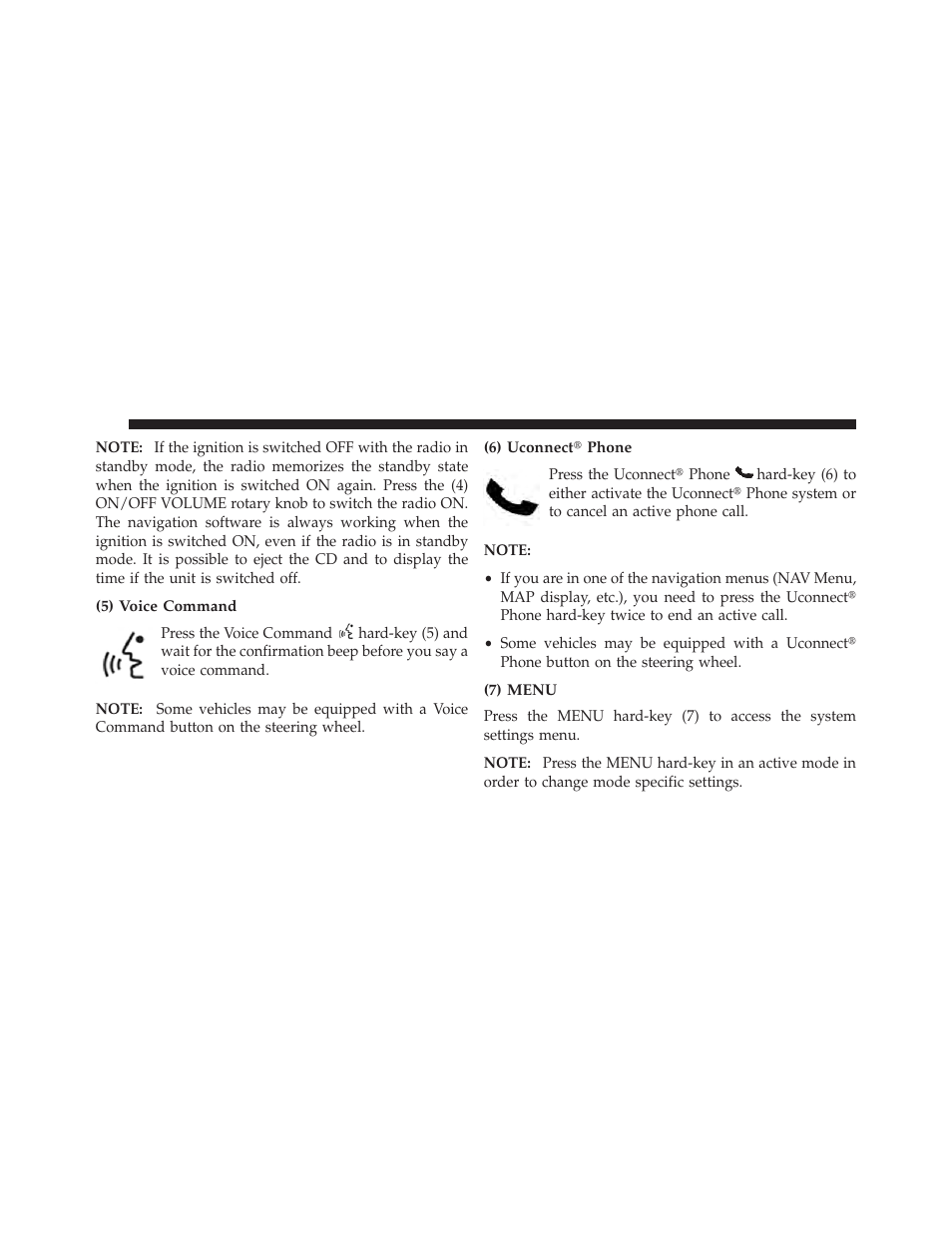 5) voice command, 6) uconnect phone, 7) menu | Ram Trucks UCONNECT 730N for Jeep User Manual | Page 24 / 220