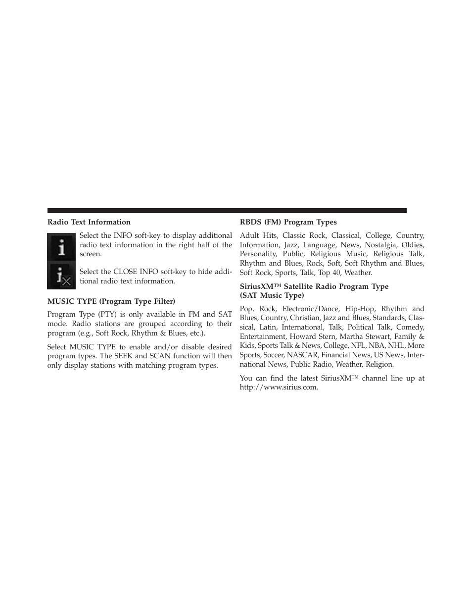 Radio text information, Music type (program type filter), Rbds (fm) program types | Ram Trucks UCONNECT 730N for Jeep User Manual | Page 51 / 220