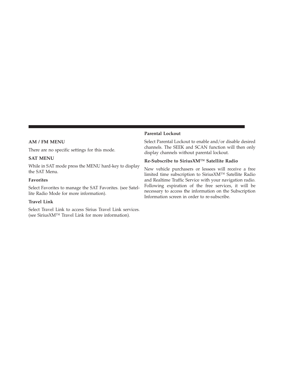 Radio settings, Am / fm menu, Sat menu | Favorites, Travel link, Parental lockout, Re-subscribe to siriusxm™ satellite radio | Ram Trucks UCONNECT 730N for Jeep User Manual | Page 65 / 220