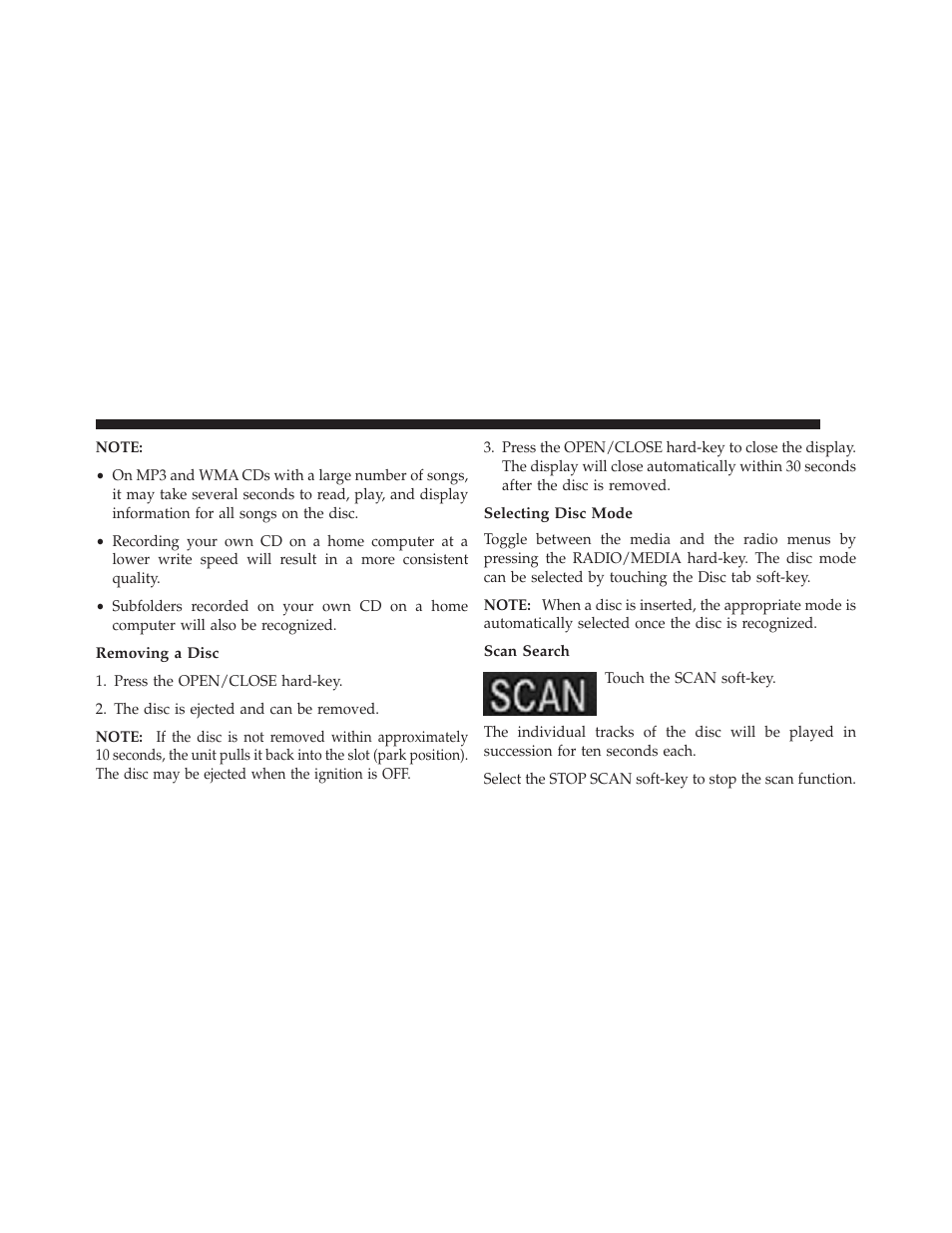 Removing a disc, Selecting disc mode, Scan search | Ram Trucks UCONNECT 730N for Jeep User Manual | Page 71 / 220