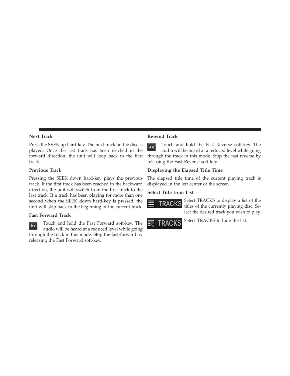 Next track, Previous track, Fast forward track | Rewind track, Displaying the elapsed title time, Select title from list | Ram Trucks UCONNECT 730N for Jeep User Manual | Page 72 / 220