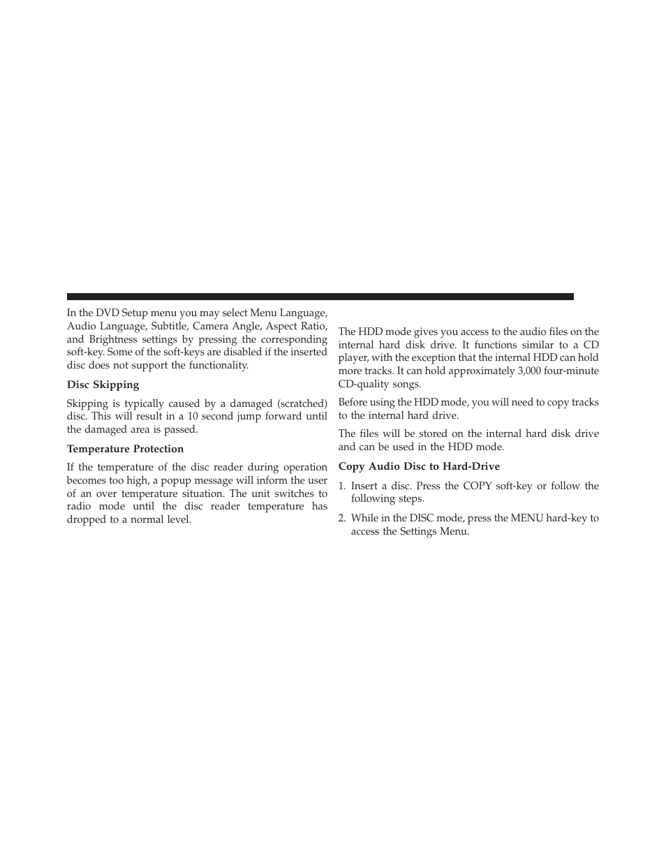 Disc skipping, Temperature protection, Hard disk drive mode (hdd) | Copy audio disc to hard-drive | Ram Trucks UCONNECT 730N for Jeep User Manual | Page 81 / 220