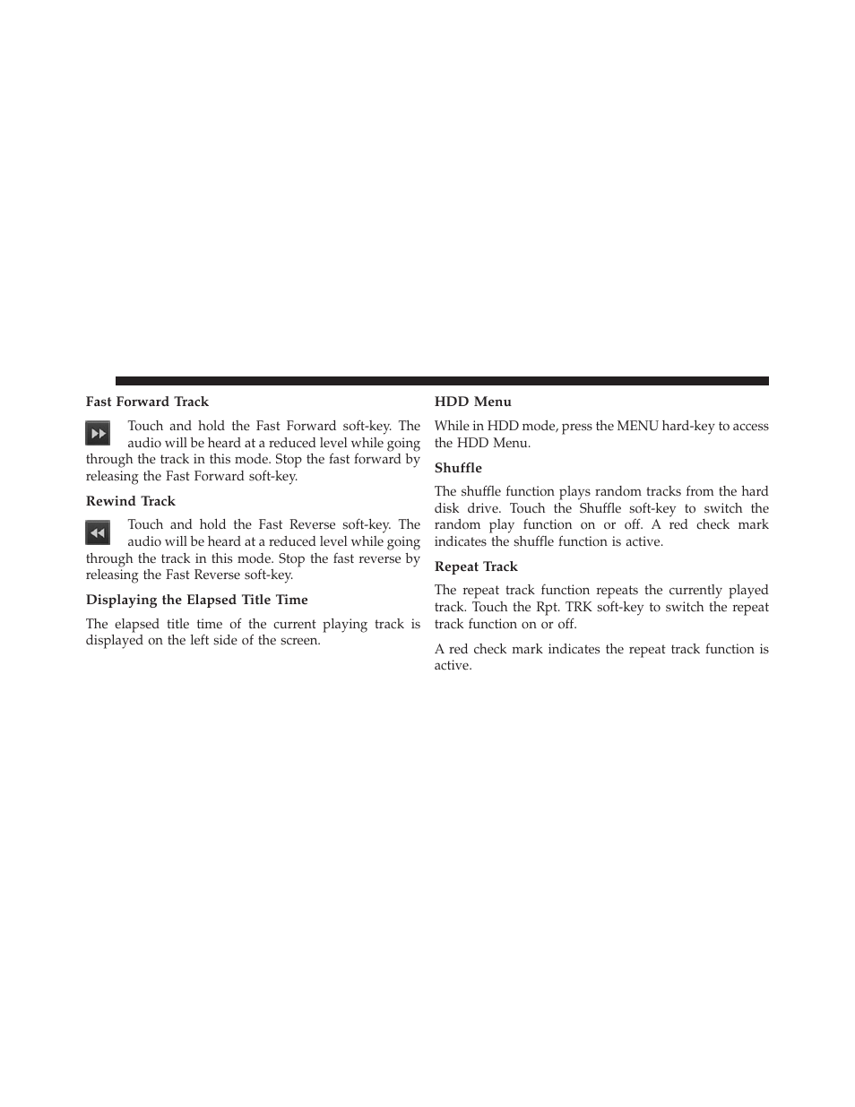 Fast forward track, Rewind track, Displaying the elapsed title time | Hdd menu, Shuffle, Repeat track | Ram Trucks UCONNECT 730N for Jeep User Manual | Page 92 / 220