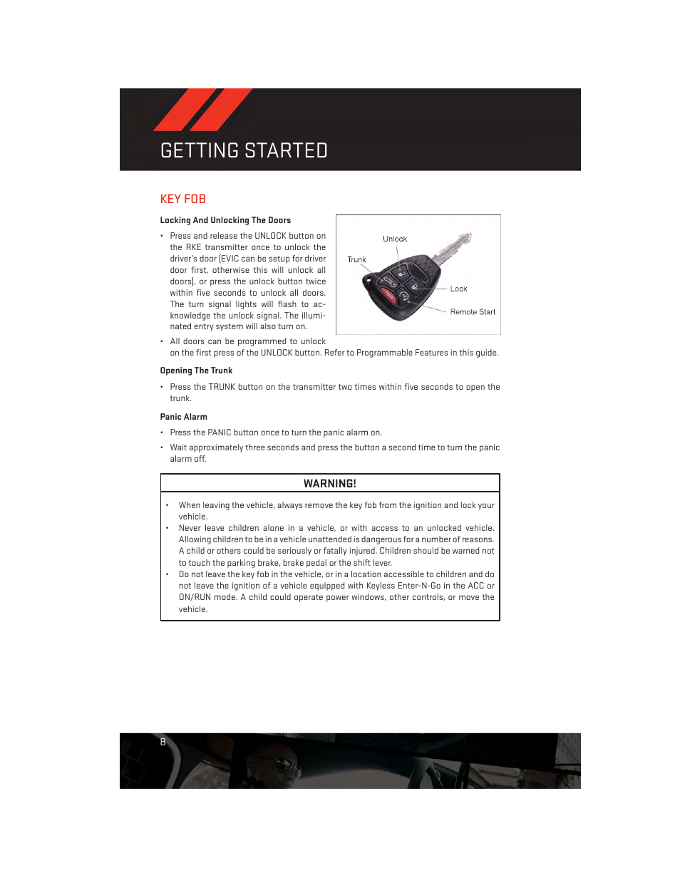 Getting started, Key fob, Locking and unlocking the doors | Opening the trunk, Panic alarm | Dodge 2013 Avenger - User Guide User Manual | Page 10 / 108