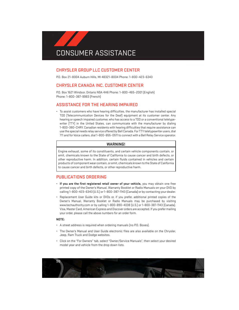 Consumer assistance, Chrysler group llc customer center, Chrysler canada inc. customer center | Assistance for the hearing impaired, Publications ordering | Dodge 2013 Avenger - User Guide User Manual | Page 100 / 108