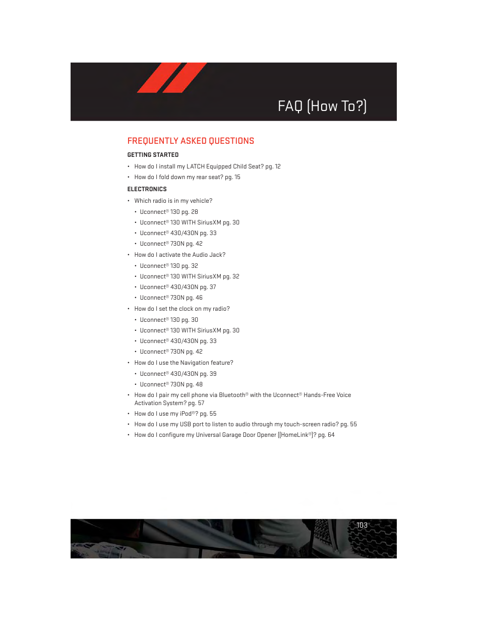 Faq (how to?), Frequently asked questions | Dodge 2013 Avenger - User Guide User Manual | Page 105 / 108