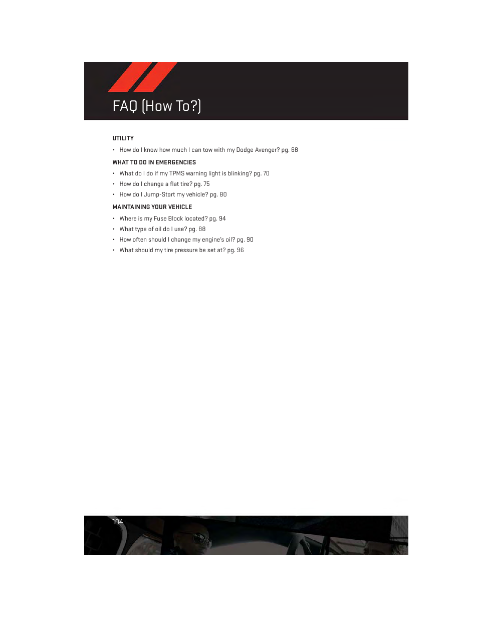 Faq (how to?) | Dodge 2013 Avenger - User Guide User Manual | Page 106 / 108