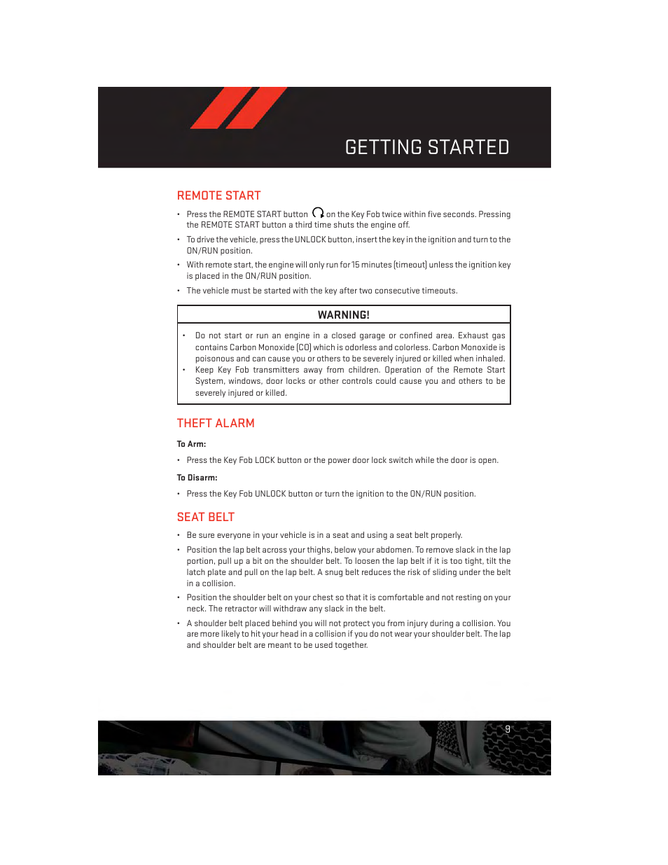Remote start, Theft alarm, To arm | To disarm, Seat belt, Getting started | Dodge 2013 Avenger - User Guide User Manual | Page 11 / 108