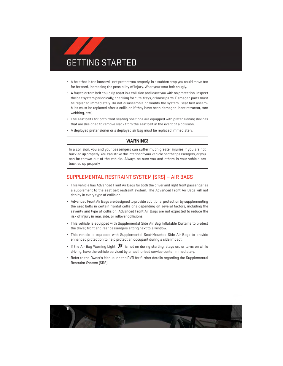 Supplemental restraint system (srs) — air bags, Getting started | Dodge 2013 Avenger - User Guide User Manual | Page 12 / 108