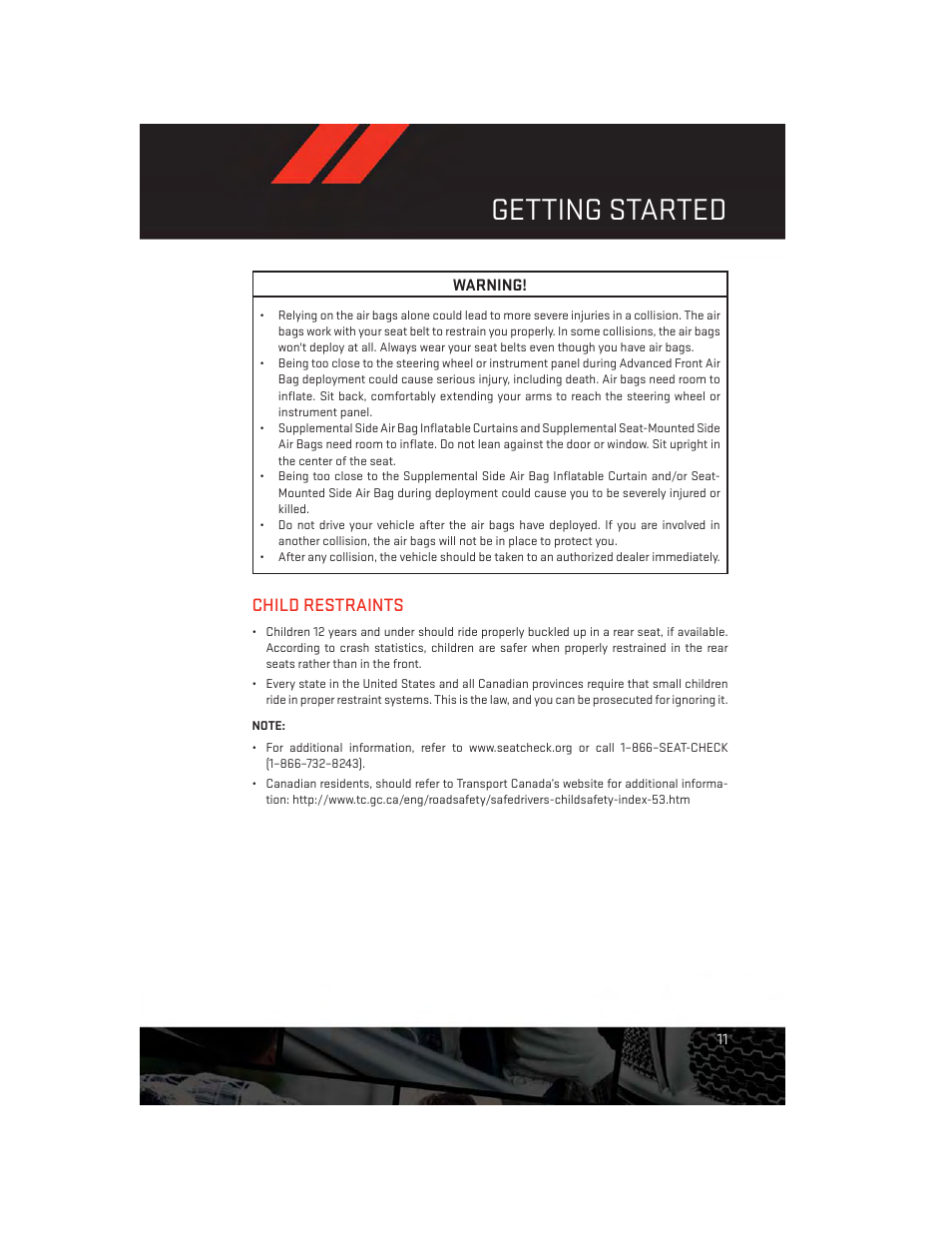 Child restraints, Getting started | Dodge 2013 Avenger - User Guide User Manual | Page 13 / 108