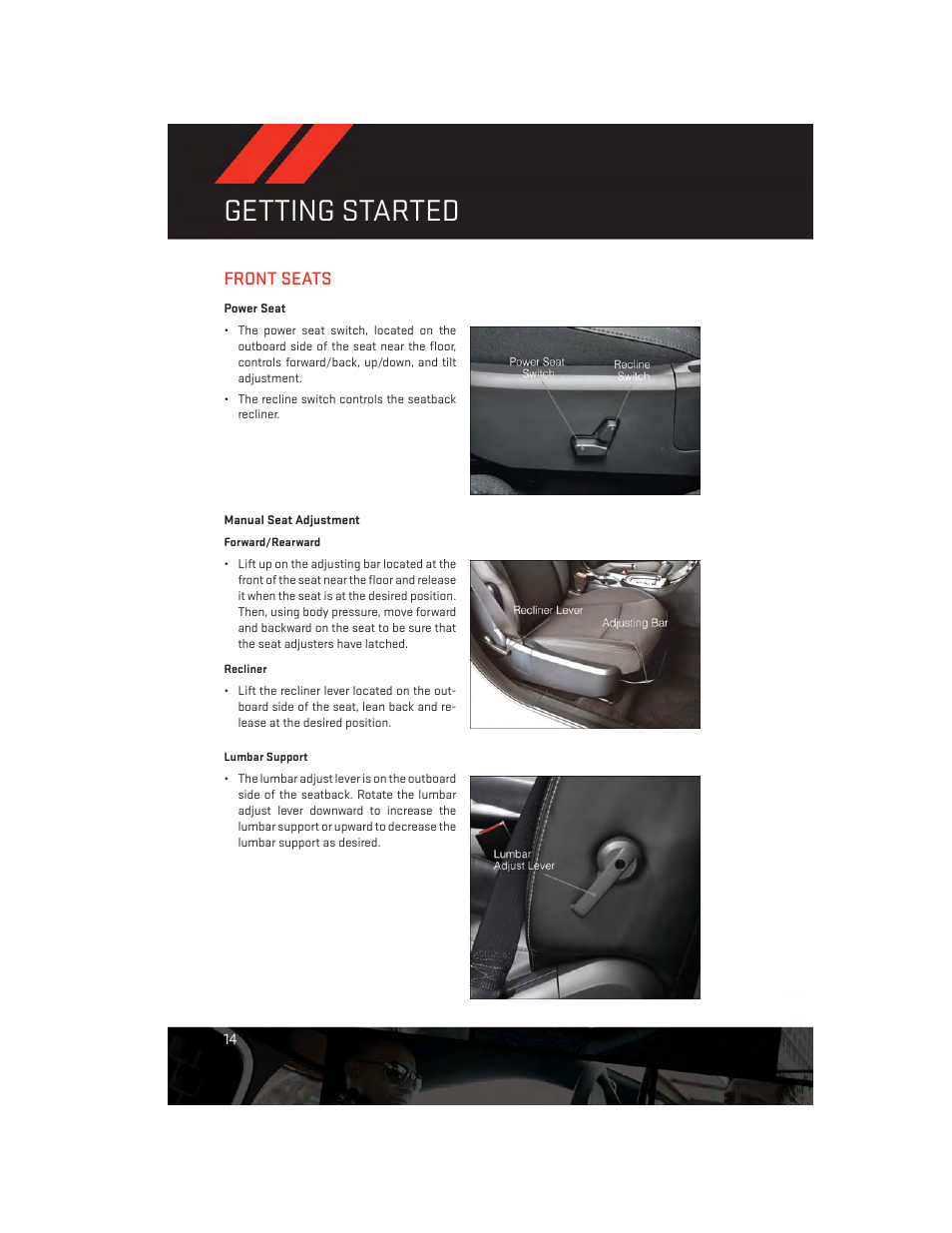 Front seats, Power seat, Manual seat adjustment | Getting started | Dodge 2013 Avenger - User Guide User Manual | Page 16 / 108