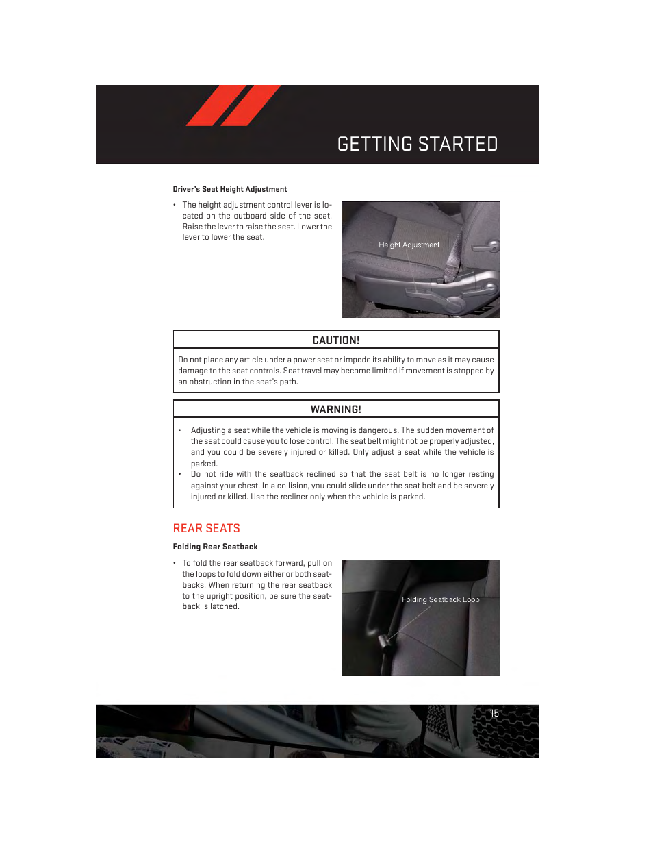 Rear seats, Folding rear seatback, Getting started | Dodge 2013 Avenger - User Guide User Manual | Page 17 / 108