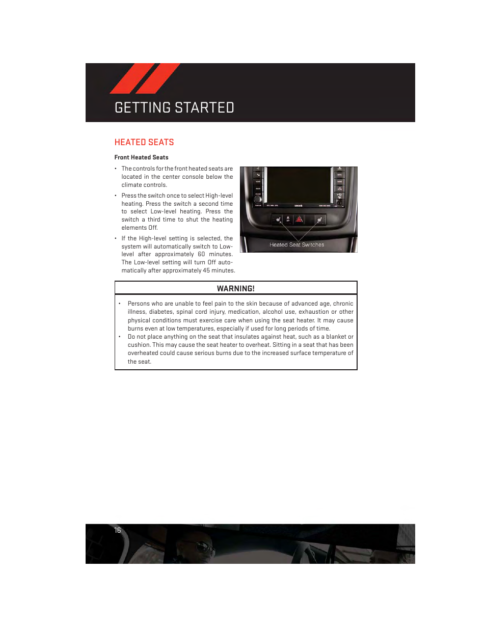 Heated seats, Front heated seats, Getting started | Dodge 2013 Avenger - User Guide User Manual | Page 18 / 108